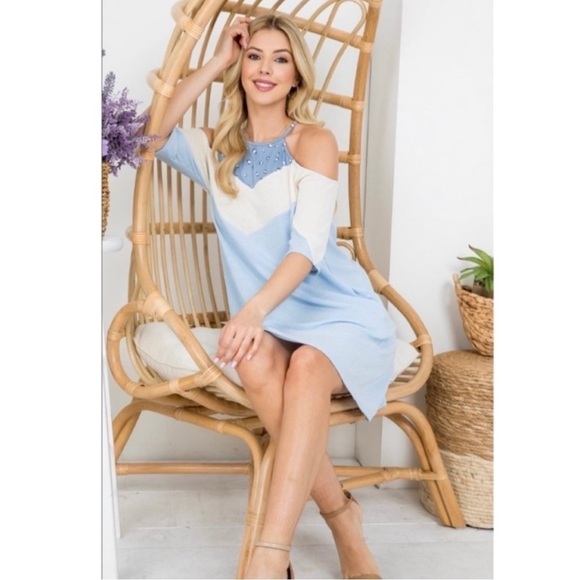 Leopard Detail Blue & White Cold Shoulder Dress Pockets S - Picture 6 of 14